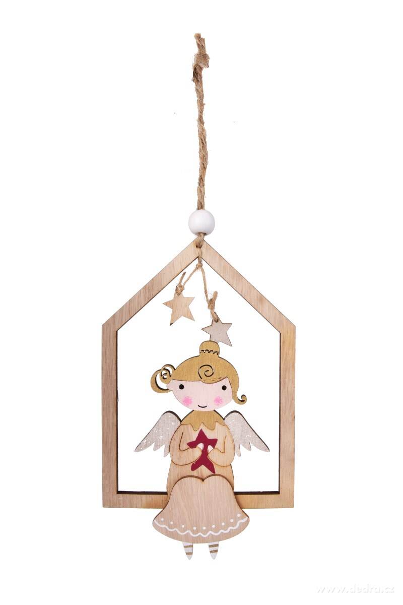 Dřevěná ozdoba ve tvaru domečku s andělem