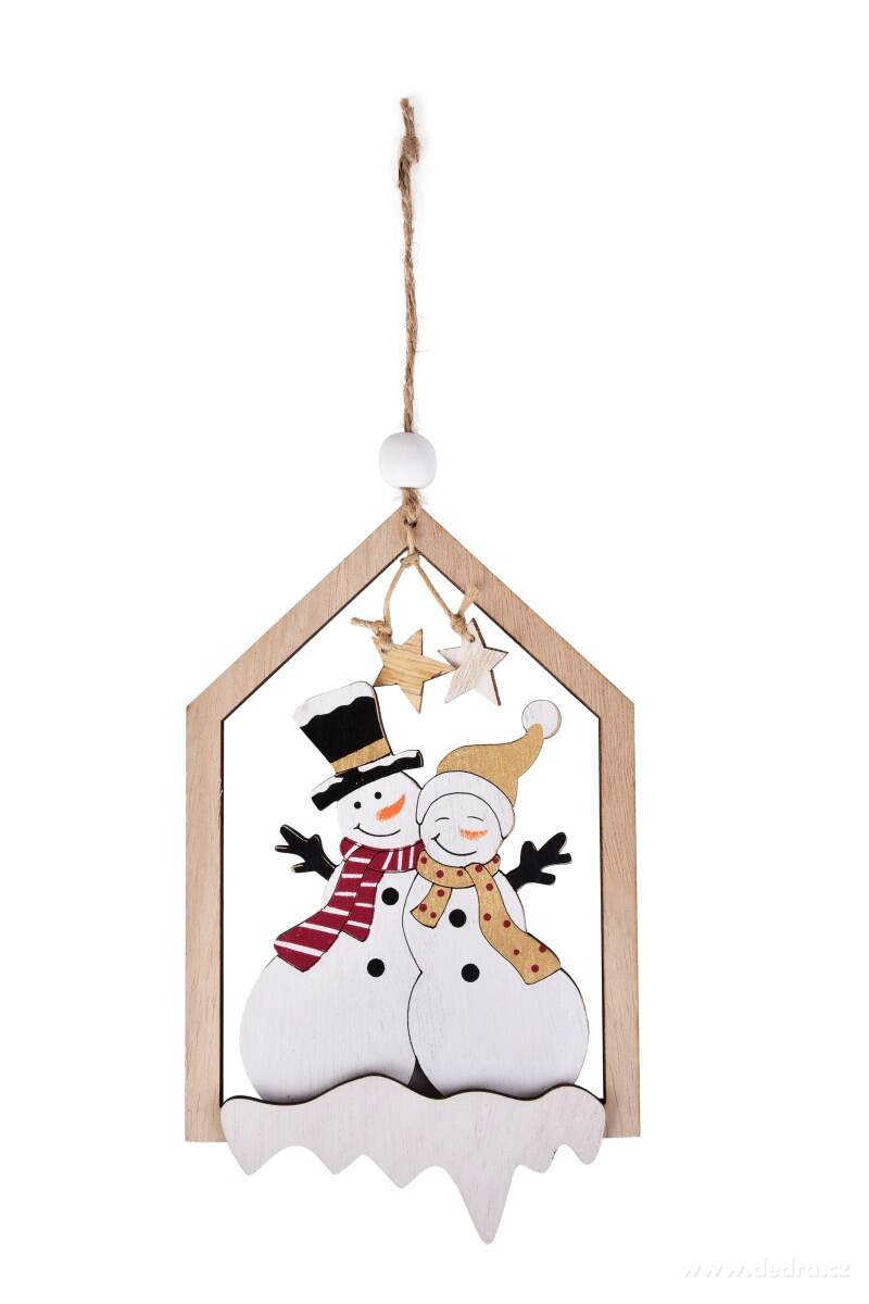 Dřevěná ozdoba ve tvaru domečku se sněhuláky