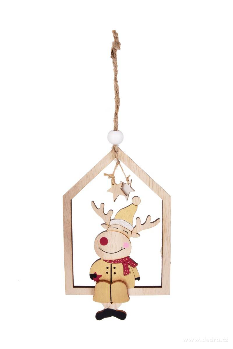 Dřevěná ozdoba ve tvaru domečku se sobíkem 